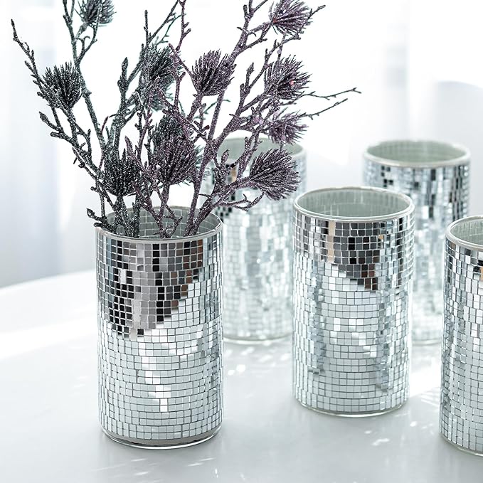 WDHODEC 6 Pcs Disco Vases Bulk Silver Mirror Disco Ball Flower Vase Glass Candle Holder for Wedding Table Centerpieces Decoration 6"