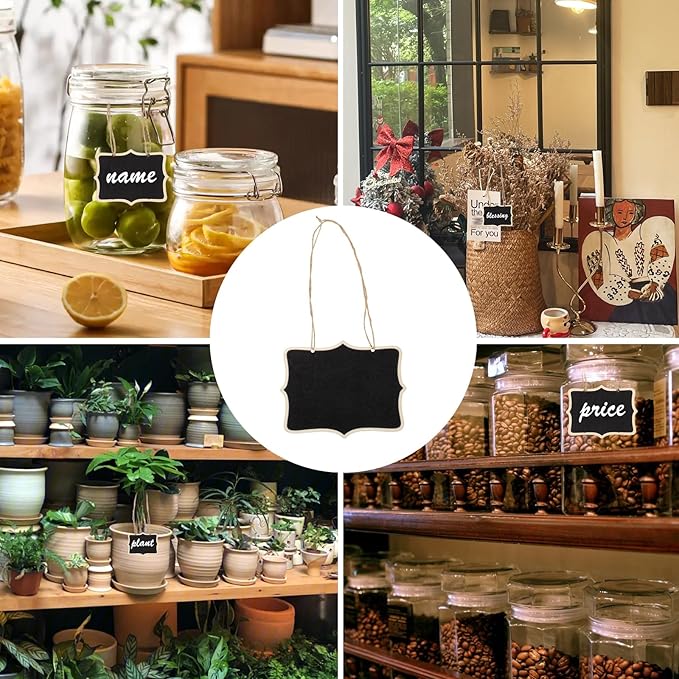 12 Pcs Mini Wooden Chalkboard Signs for Message Board Signs, Mini Chalkboards Hanging Price Tags with String, 6.5x5 Inch Rectangle Chalkboards Message Board Hanging Signs for Party Buffet Food