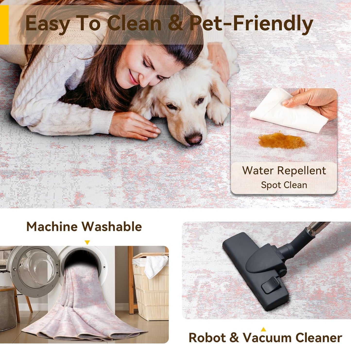 Washable Area Rugs 7'x9' Non-Slip Modern Abstract Soft for Living Room Entryway Bedroom Nursery, Print Pattern, Grey Pink