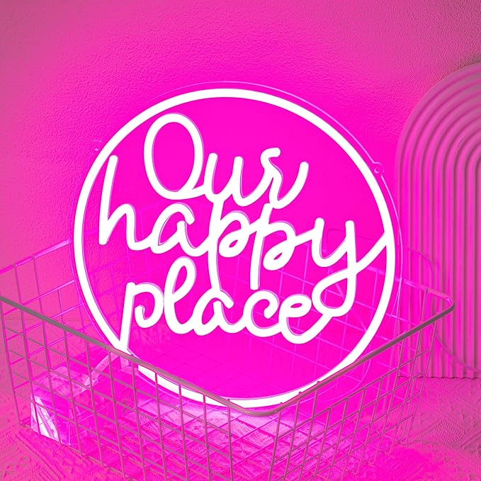 "Our happy place" Neon Sign Happy Place Neon Light for Wall Decor Letter Neon Signs Pink LED Neon Sign Round LED Neon Light for Bedroom Bar Party Birthday Club Decor