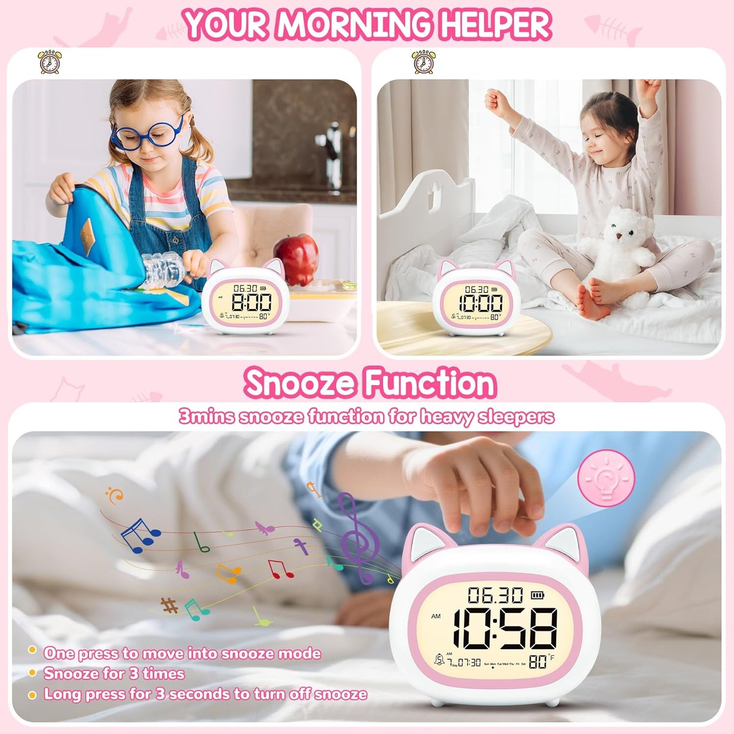 Kids Alarm Clock with Night Light for Kids, Small Digital Alarm Clocks for Bedrooms, Routine Builder, Cute Cat Alarm Clock with Sleep Training, Snooze, 12/24H, Date & Day, Temperature, USB Port