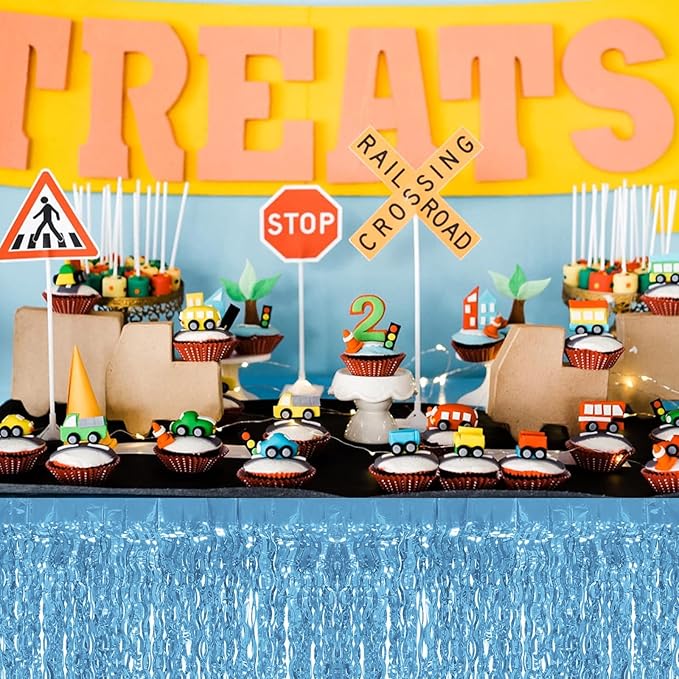 4P Wavy Metallic Tinsel Foil Fringe Table Skirts for Rectangle Tables Backdrop Garland Curtains for Parade Floats Wedding Birthday Parties Decoration Graduation 2025 Christmas (Light Blue)