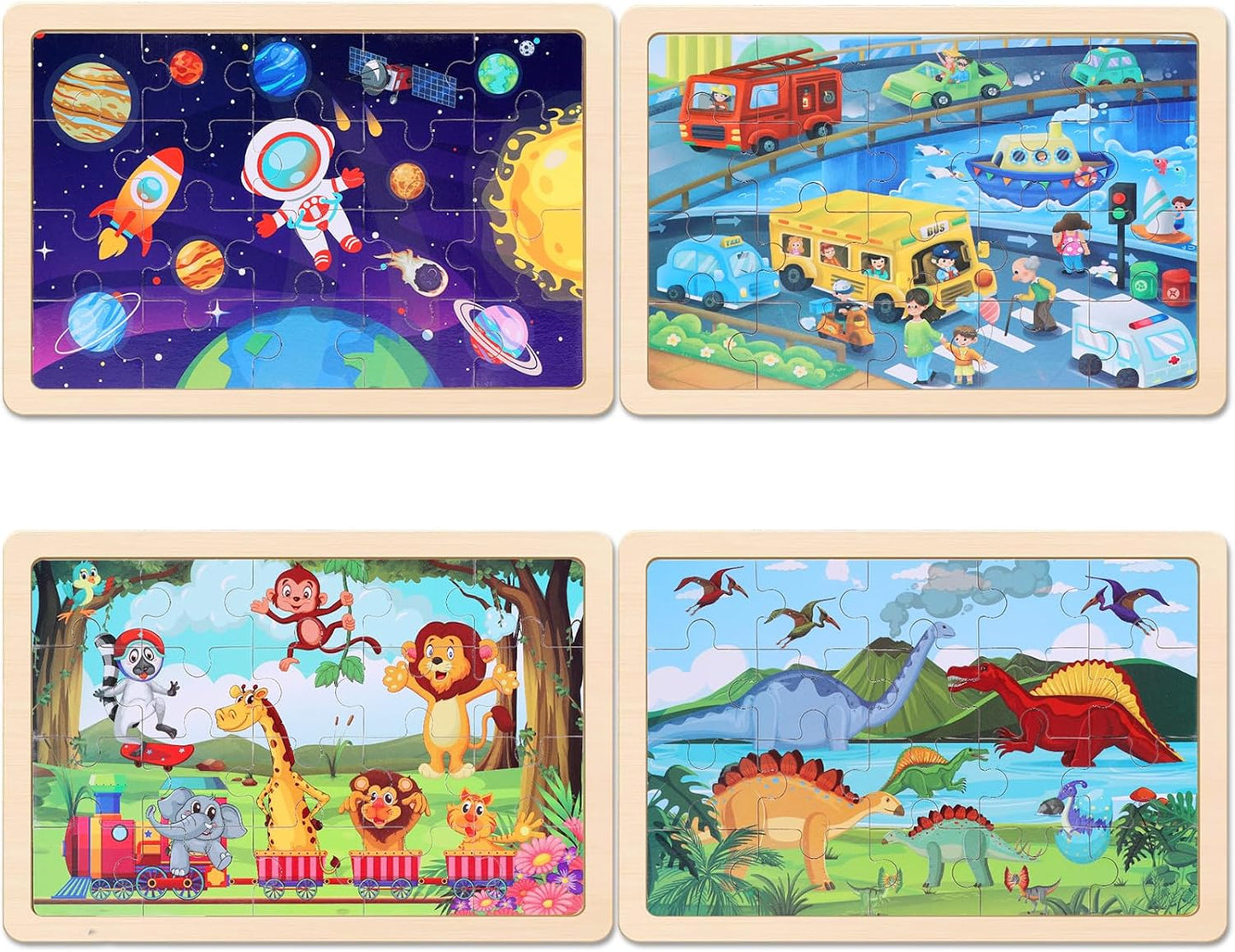 Wooden Educational Jigsaw Puzzles for Preschool Kids Ages 3-5, 4-Pack with 20 Pieces Dinosaur, Space, Transportation Wood Puzzles Set, Toddler Brain Teaser Toys, Gifts for Boys Girls Ages 3 4 5 6