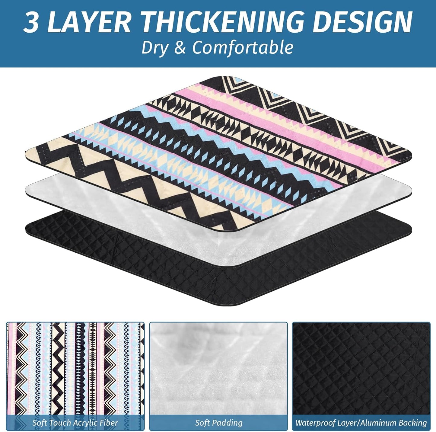 Picnic Blankets Extra Large Outdoor - Beach Blanket Waterproof Sandproof with Shoulder Strap, Machine Washable, Picnic Mat with Stakes for Grass Concert, Park.BohoGeometry