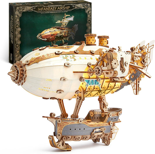 LED 3D Wood Puzzle Fantasy Airship Model - Steampunk DIY Craft Kit with LED Lights – Intricate Wooden Airship Model Building Set for Teens and Adults(White)