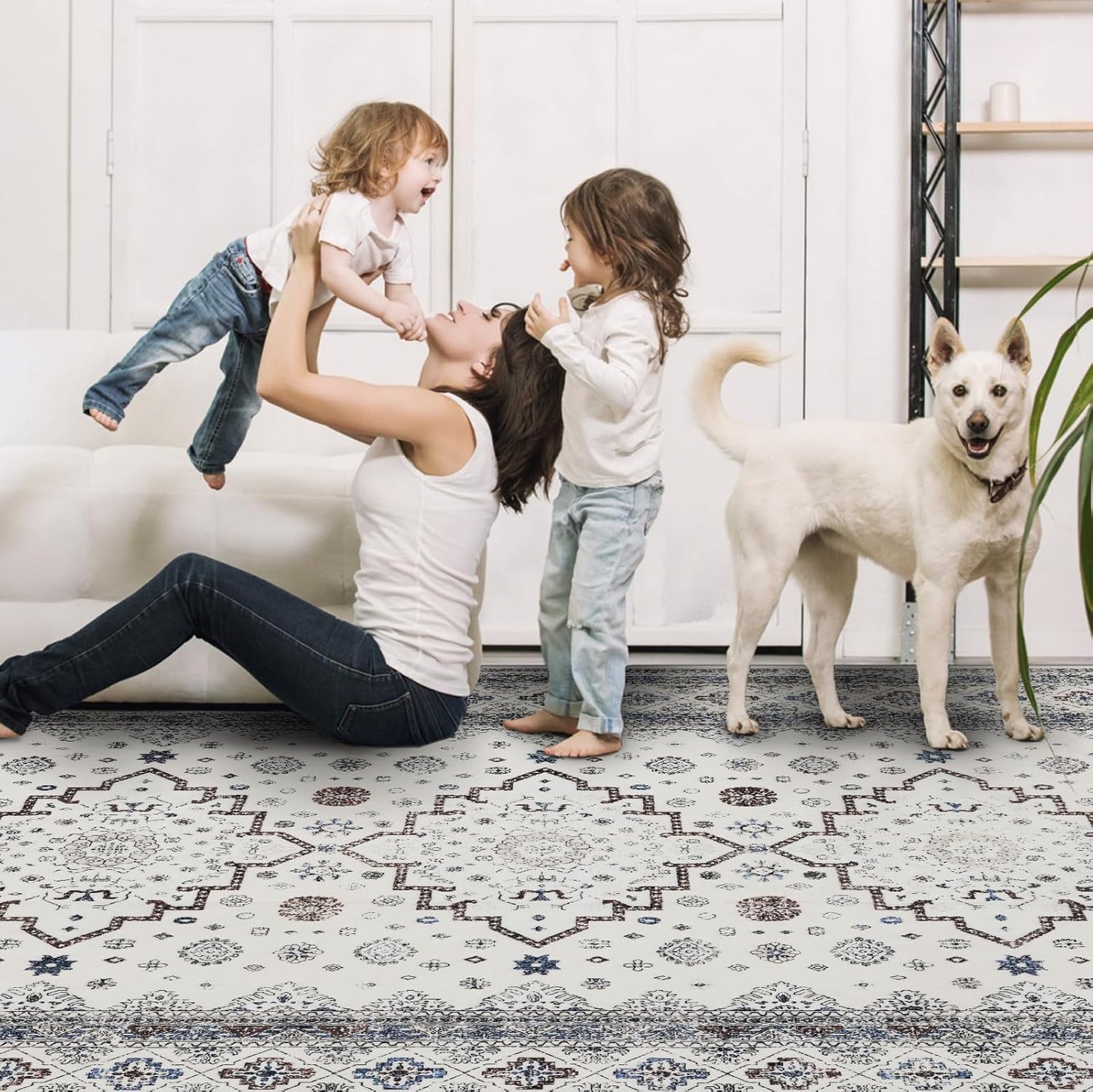 Washable 6x9 Area Rug for Living Room, Carpet for Bedroom Dining Room, Non Slip&Non-Shedding Resistant Low Pile Vintage Print Rug for Home Office (White Cream/Gray)