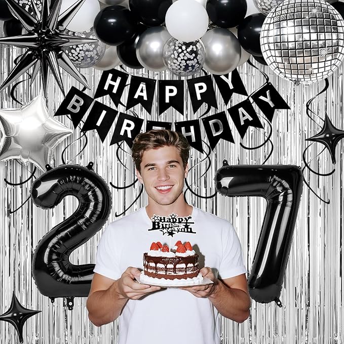 27th Birthday Decorations for Men Women, Black Silver Happy Birthday Party Decorations， 27 Year Old Party Supplies with Number 27 Balloons, Banner, Fringe Curtains Kit