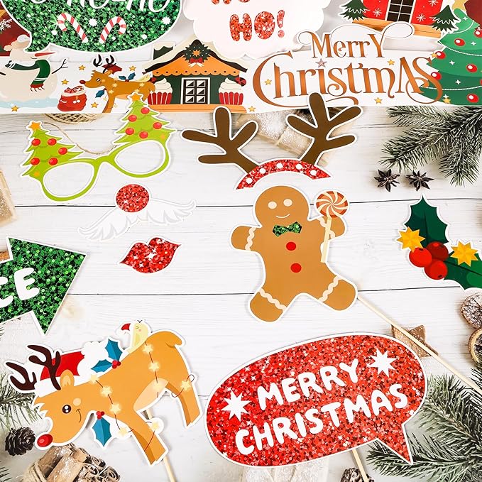 HOWAF 30 Pcs Christmas Photo Booth Props - Merry Christmas Paper Photo Frame, Funny Santa & Gingerbread Photo Props for Xmas Holiday Party Decoration, Selfie Frame Props