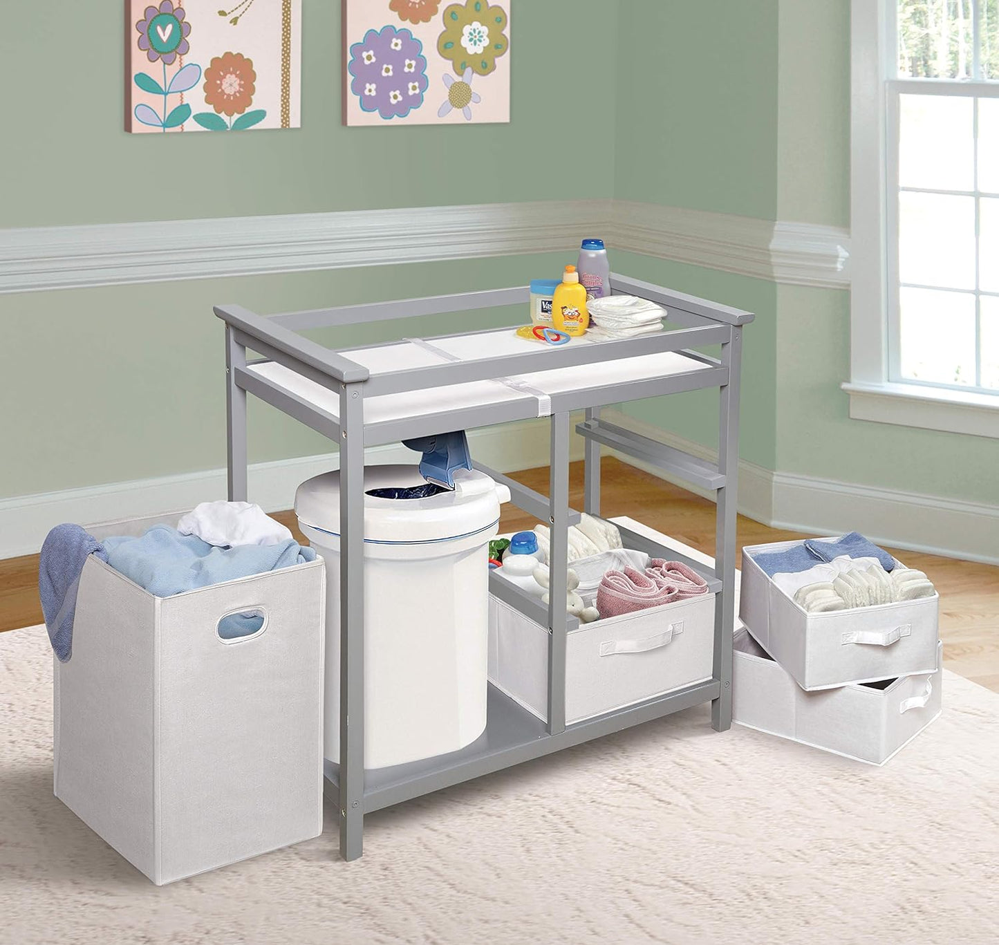 Badger Basket Modern Baby Changing Table - Portable Diaper Station with 3 Drawers Pad & Hamper - Storage Organizer for Baby Diapers & Toys - Gray/White