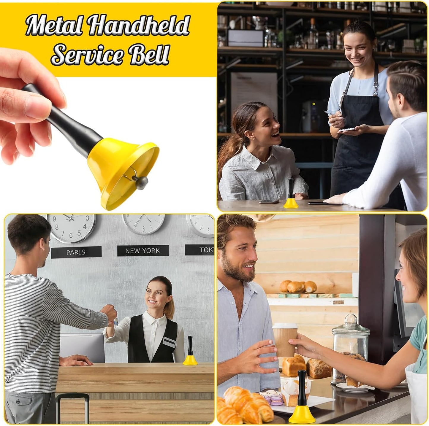 Yeshone 50 Pcs Hand Steel Call Bells Bulk Wedding Dinner Service Bells with Wood Handles for the Sick Elderly Alert Classroom Alarm, 1.97 x 3.66 Inches(Yellow)