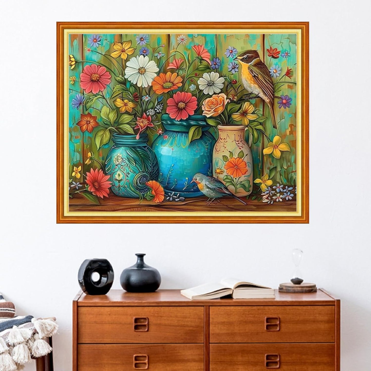 Stamped Cross Stitch Kits - Beach Night Landscape Counted Cross Stitch Kits for Beginners Adults Needlepoint Cross-Stitch Patterns-Flower Bird 16x20 inchs