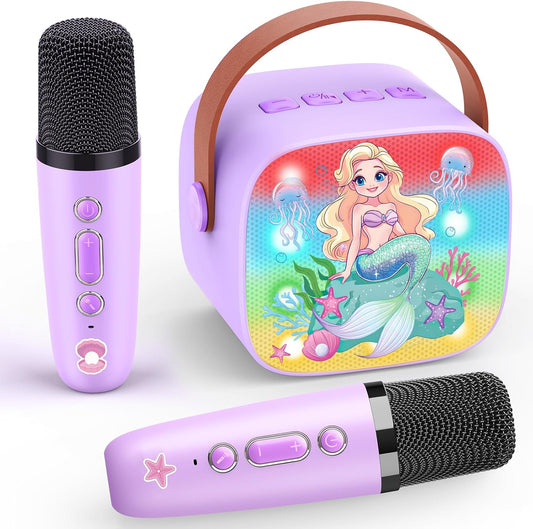 Mermaid Mini Karaoke Machine Toys: Kids Toys Girls Birthday Gifts Age 3-12+ LED Portable Bluetooth Speaker with 2 Wireless Microphone Gift Toy for 4 5 6 7 8 9 Years Old Girl Boy Kid Adult