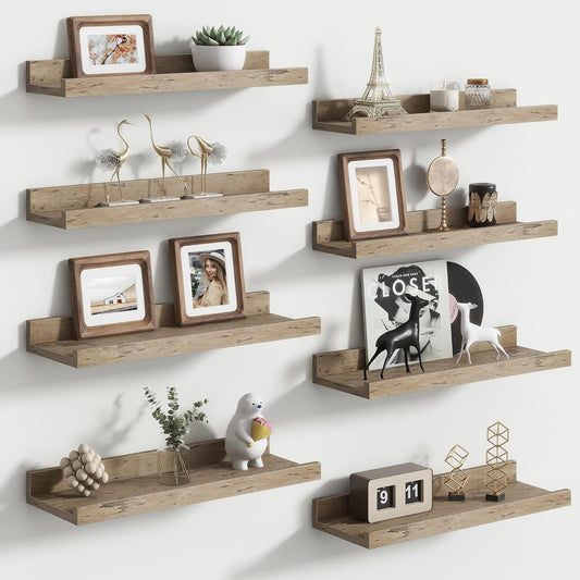 Floating Picture Ledge Shelves for Wall Set of 8, 16 Inch Solid Wood Wall Shelves with Lip Long Large Nursery Book Shelf for Toys Storage Kids Bookshelf Wall Mounted Living Room Bedroom Decor Frames