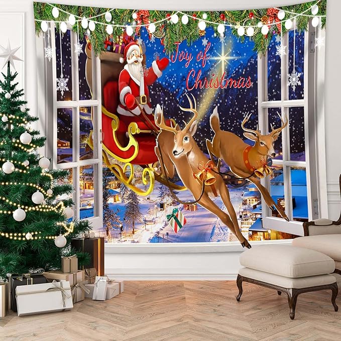 QGHOT Christmas Window Tapestry Wall Hanging Christmas Backdrop Xmas Winter Window Wall Decor Santa Claus Tapestries for Bedroom Living Room Dorm Holiday Party Decoration