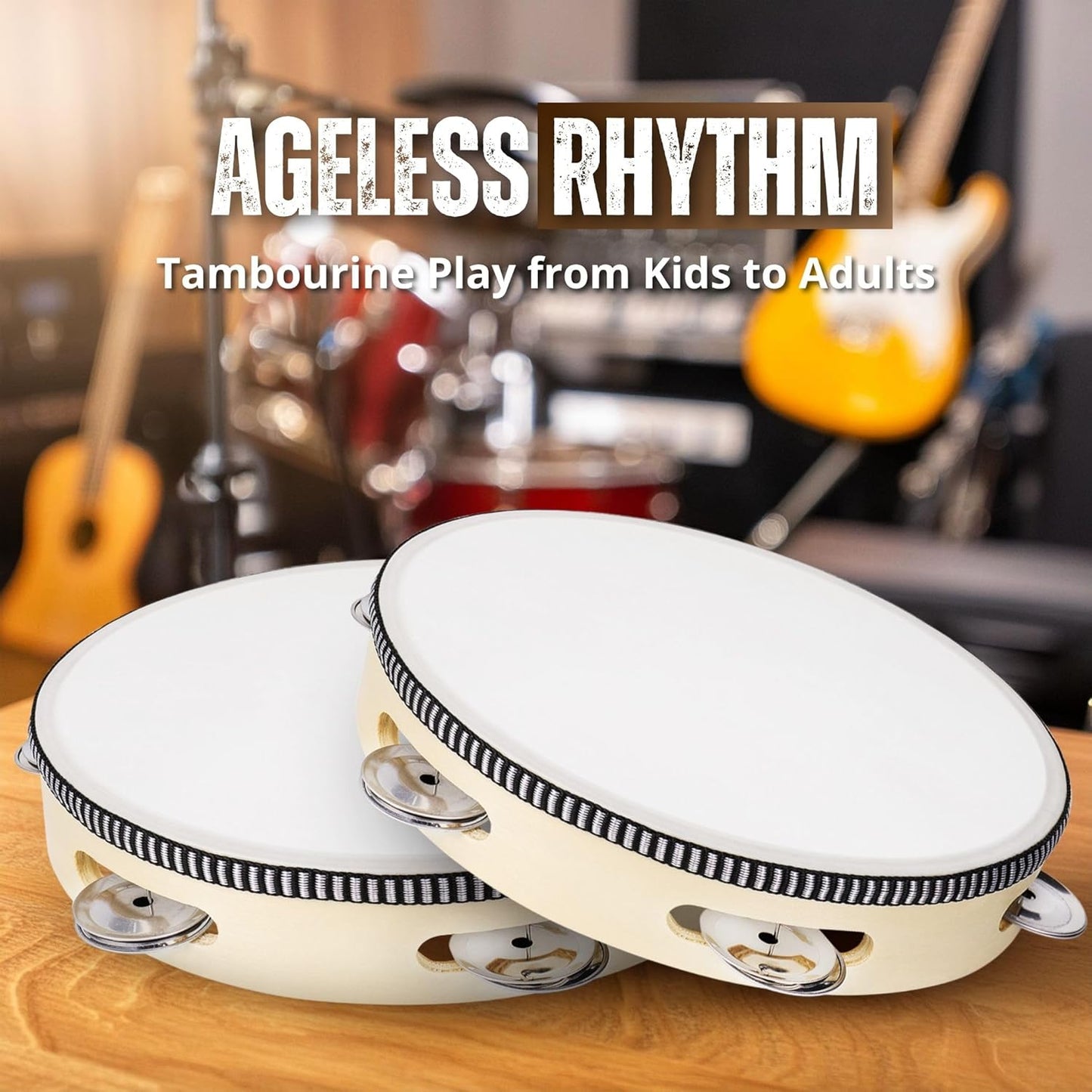 Flexzion Wood Handheld Tambourine 8" Inch Single Row 5 Pair Jingles (2 Pack, Wood) - Hand Held Percussion Drum Moon Musical Tambourine with Ergonomic Handle Grip