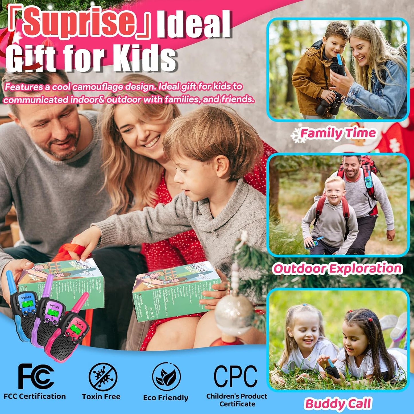 Vvinca Walkie Talkies for Kids Rechargeable 3 Pack, Toys for Boys Girls Age 3-13 Ourdoor Camping Birthday Gift, 3KM Long Range Walkie-Talkie 2 Way Radios 22 CH VOX with Li-ion Battery Flashlight