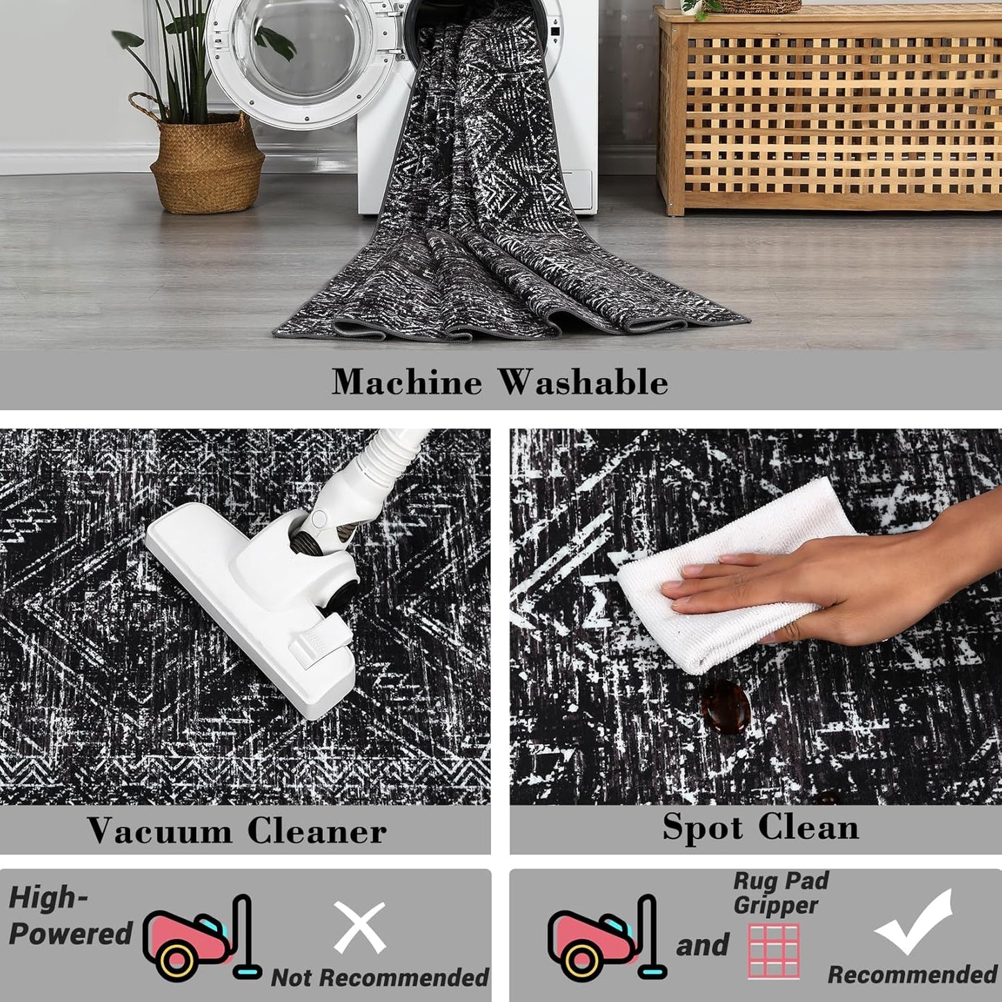 COZYLOOM Black Rug for Living Room 8x10 Washable Area Rugs Modern Abstract Floor Cover Non Slip Stain Resistant Geometric Mats Soft Throw Carpet for Nursery Bedroom Dining Room