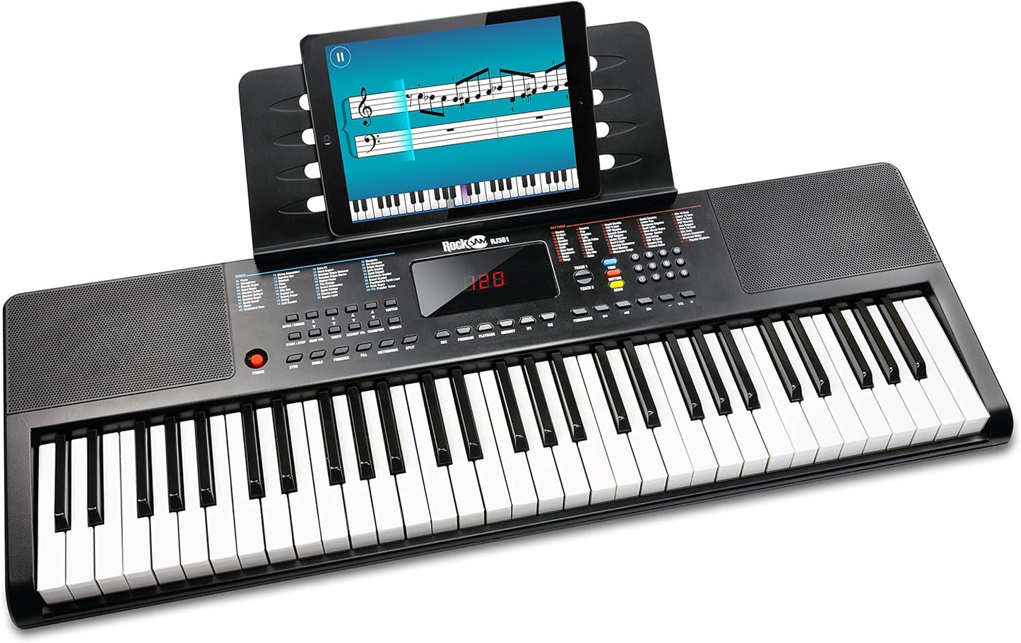 RockJam Compact 61 Key Keyboard with Sheet Music Stand, Power Supply, Piano Note Stickers & Simply Piano Lessons