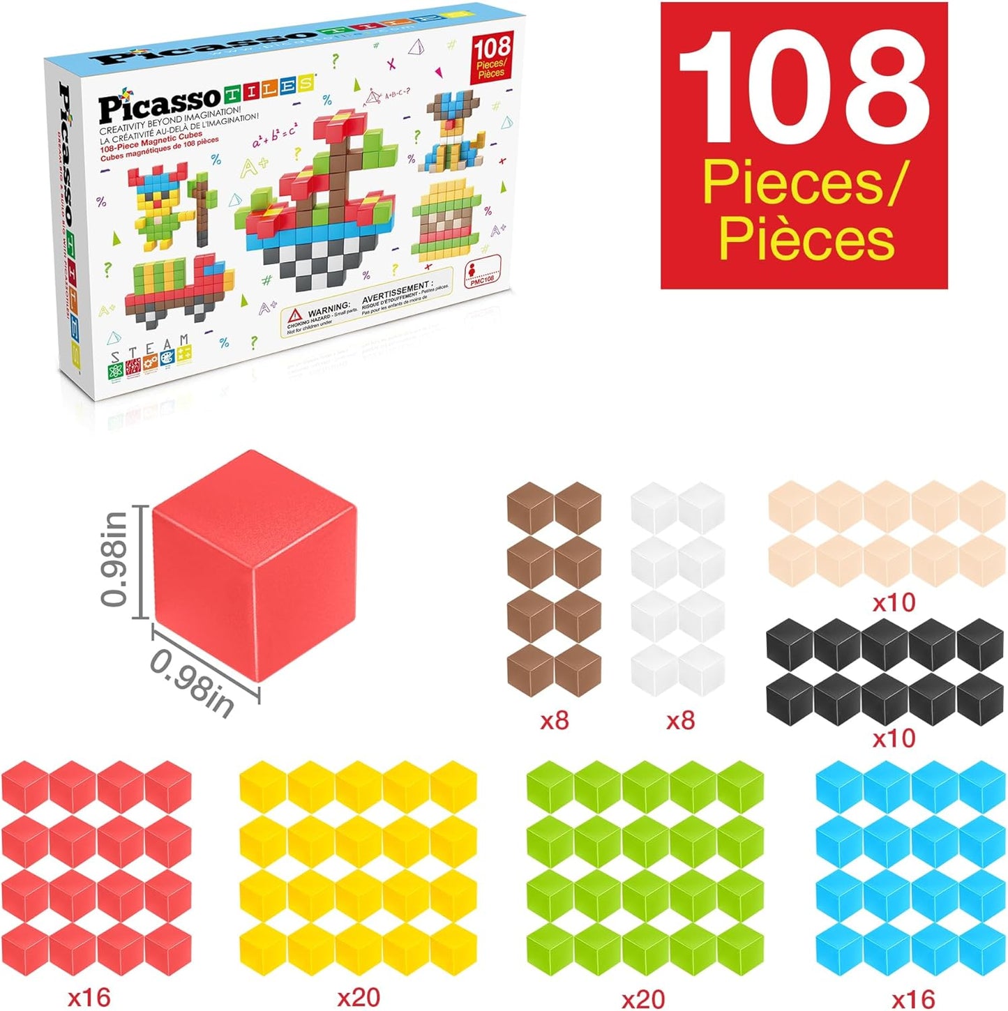 Picasso Cubes 1” Magnetic Puzzle Cubes 108 Piece Magnet Construction Building Block Set Sensory Toy Early Education STEM Learning, Free Ideabook with 50 Ideas, Children Age 3+ Boy Girl PMC108