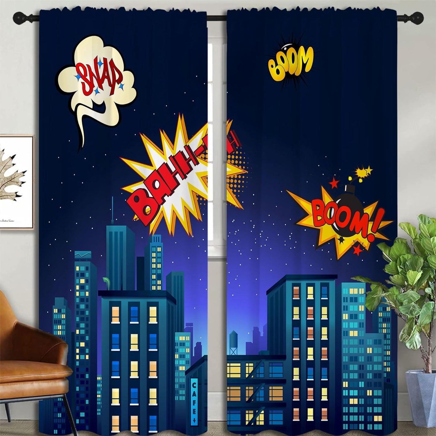 Superhero Rod Pocket Blackout Curtains for Boy Girl Bedroom, Cartoon Skyline Buildings Cityscape Home Energy Efficient Light Filtering Window Curtain for Living Room, 84x84 inch