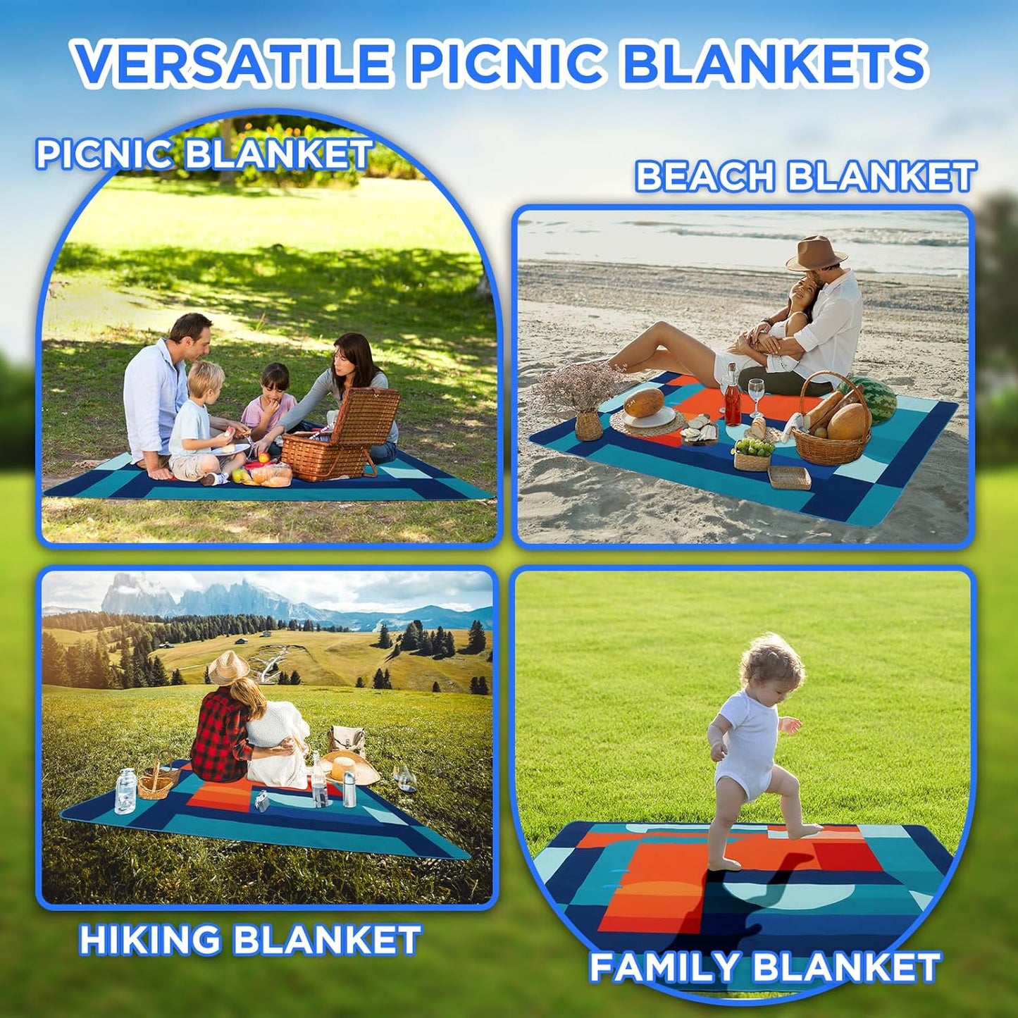 scuddles Compact Picnic Blanket – Extra Large 79" x 59" Outdoor Mat with 3-Layer Waterproof Design, Soft Fleece, Carry Strap & Reinforced Edges for Camping, Beach, Parks & Hiking