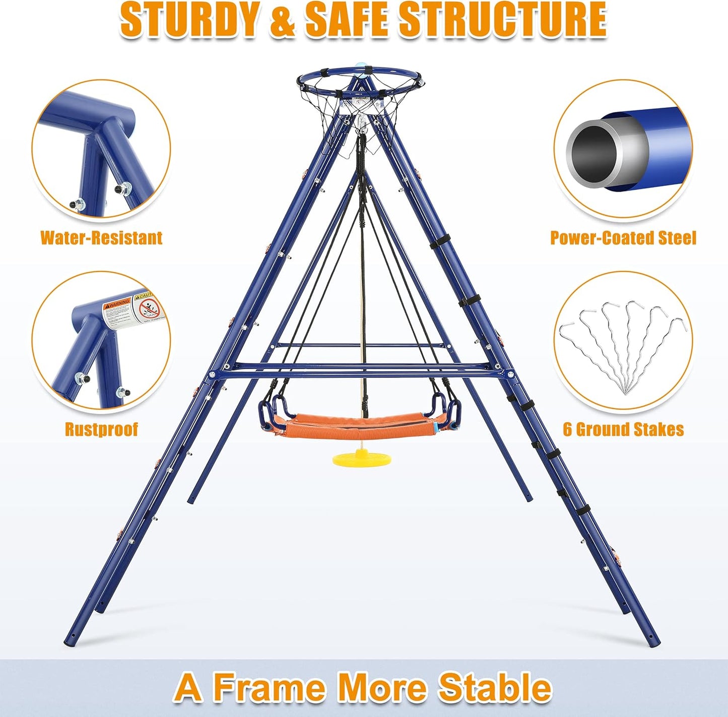 Swing Set for Backyard 550lbs - 6 in 1 Playground Sets for Backyards Safe Platform Swing for Kids Outdoor Heavy Duty Metal Frame with 3 Adjustable Swings Climbing Net Climbing Ladder Basketball Hoop
