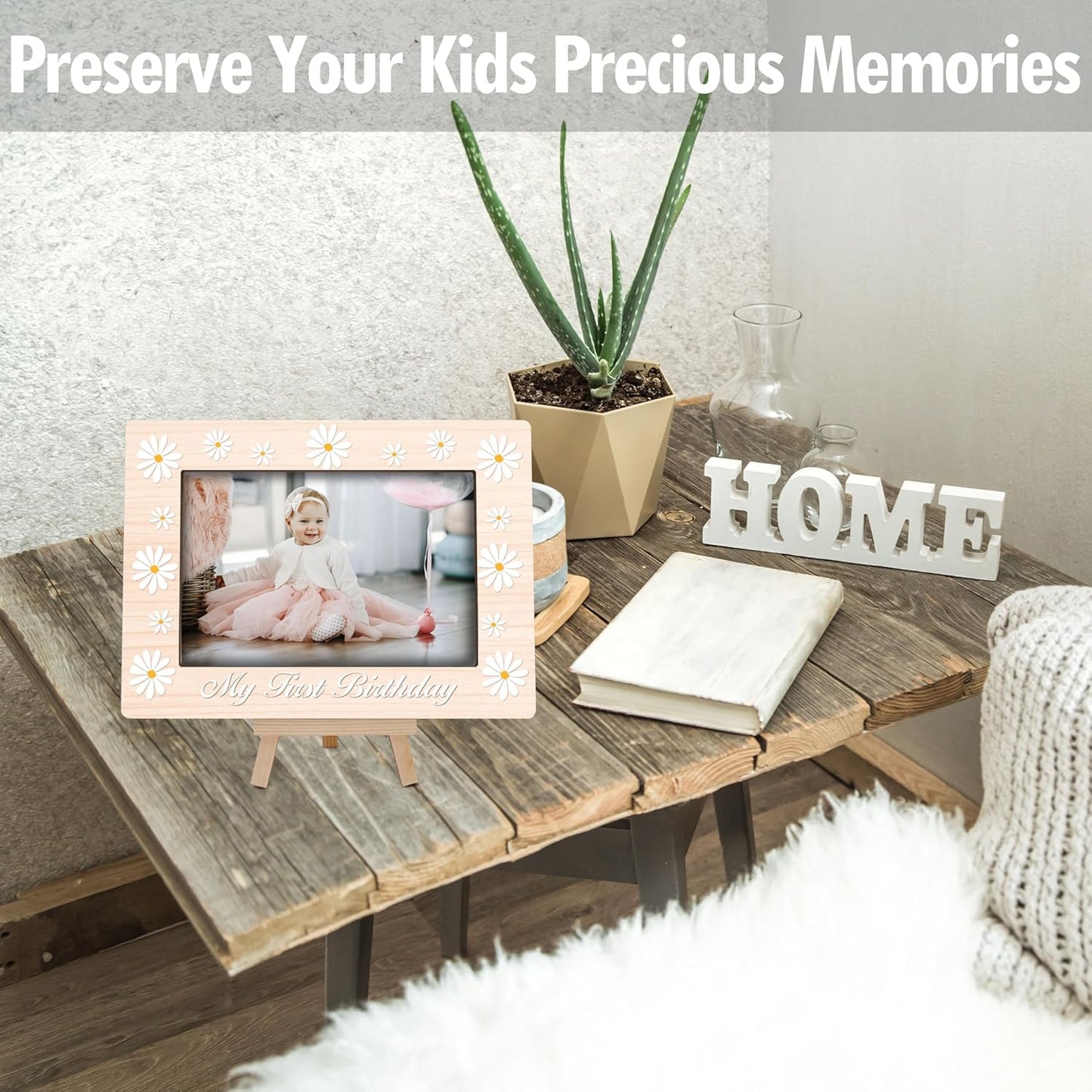 My 1st Birthday Picture Frames, Daisy Wooden 4x6 Photo Frame with Easel, Baby First Year Birthday Gifts for Home Office Tabletop Display Decorations - G02