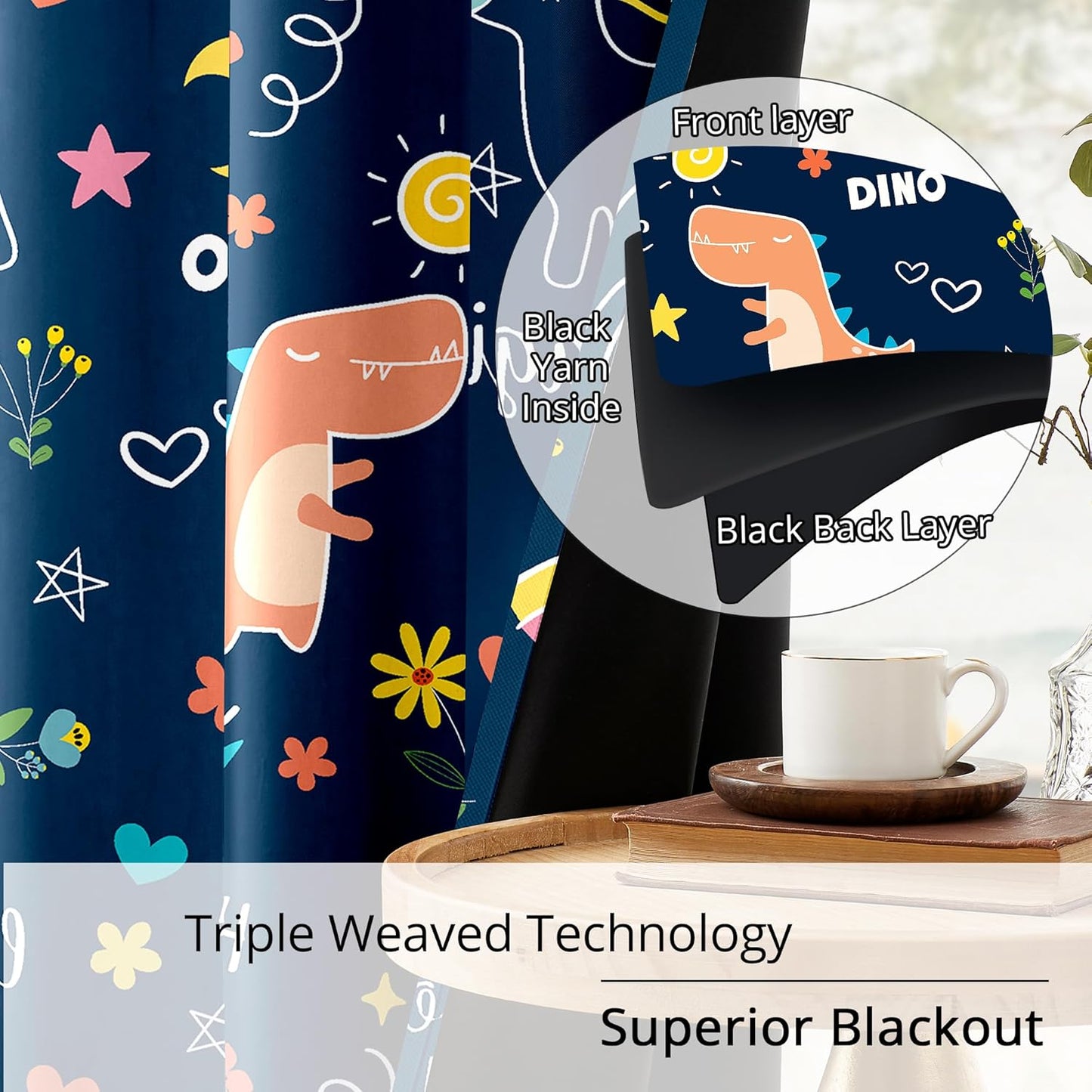 100% Blackout Curtains for Kids - Adorable Dinosaur & Unicorn Pattern, 2Panels, Each W52xL63, Thermal Insulated Noise-Reducing Drapes for Nursery, Bedroom, Playroom - Fun & Colorful Design