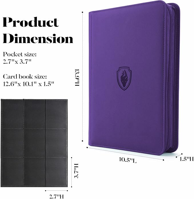 Premium Zip Card Binder, Fabmaker 9 Pocket Trading Card Binder, PU Cover Zipper Card Collection Album, Sturdy 360 Side-Loading Card Folder Holder for MTG, TCG, Game Cards, Sports Cards, Purple