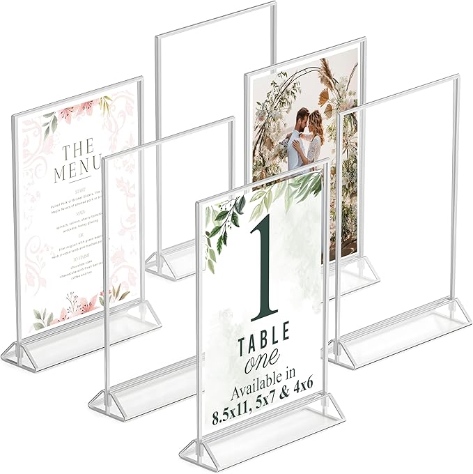 Silver Picture Frames Double-Sided, 6-Pack 5x7 Acrylic Table Number Holders, Clear Easel Stands for Signs, Silver Frames for Wedding Table Numbers, Menu Holders, Photo Displays for Events and Décor