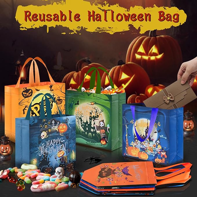 AhfuLife 16 Pcs Halloween Trick or Treat Bags, Candy Tote Bags with Handles, Reusable Non-Woven Gift Bag for Halloween Party Supplies Favors (7.8×7.8×3.1’’)
