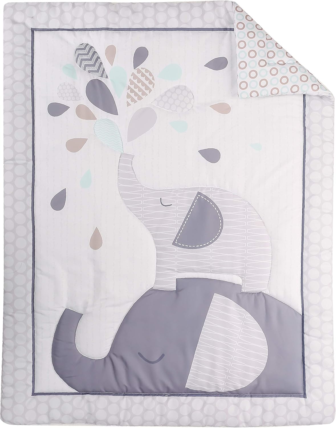 6 PCs Grey White Elephant Nursery Crib Bedding Set Quilt, Fitted Sheet, Skirt, Window Valance, Blanket, Diaper Organizer Baby Boy Elephant Theme Cot Bedding Set