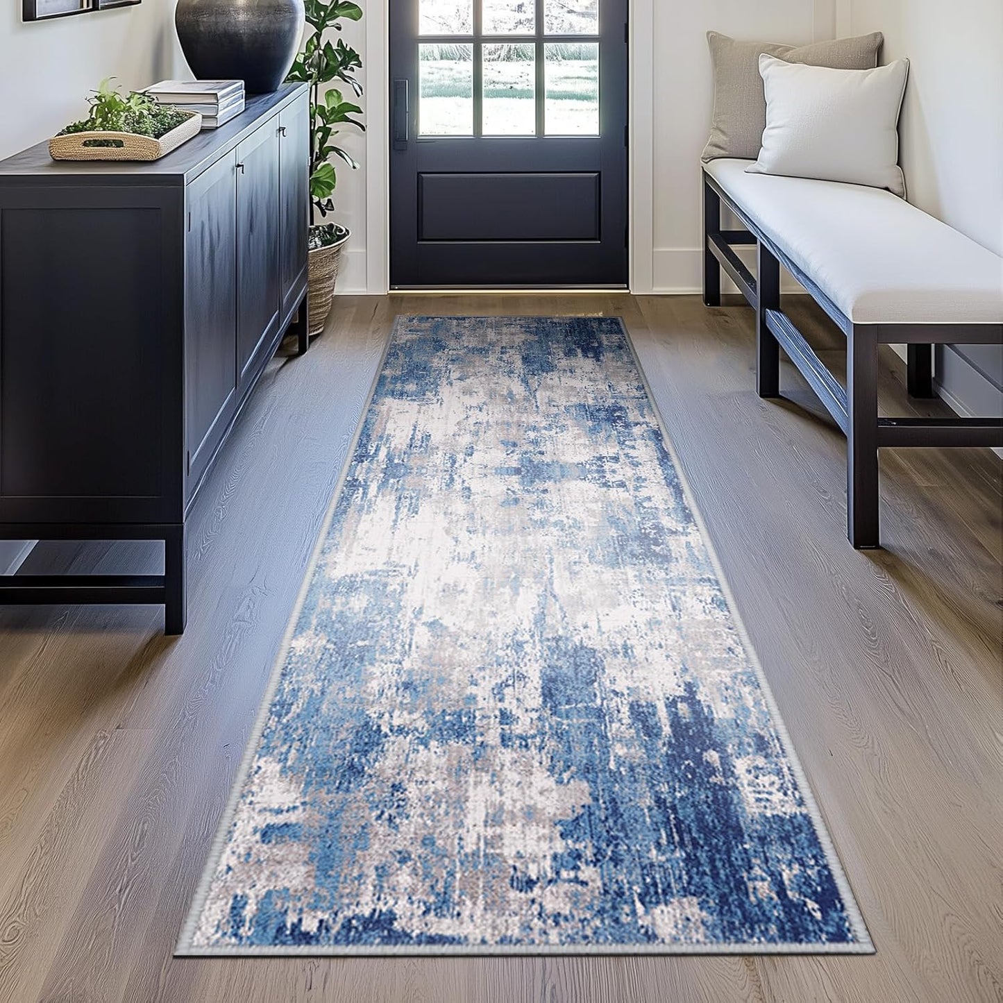 Washable Area Rugs 2'x8' Non-Slip Modern Abstract Soft for Living Room Entryway Bedroom Nursery, Print Pattern, Blue Grey Navy Gray