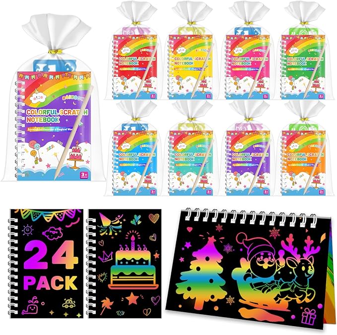 Party Favors for Kids: 24 Pack Scratch Art Notebooks with Rainbow Colors, 2-in-1 Coloring & Scratch Books, Bulk Birthday Gifts, Goodie Bags, Classroom Prizes for Boys & Girls