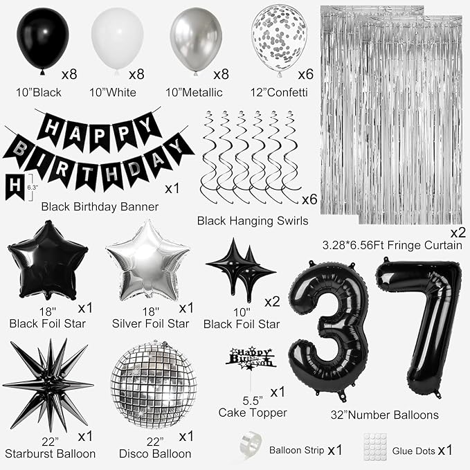 37th Birthday Decorations for Men Women, Black Silver Happy Birthday Party Decorations， 37 Year Old Party Supplies with Number 37 Balloons, Banner, Fringe Curtains Kit