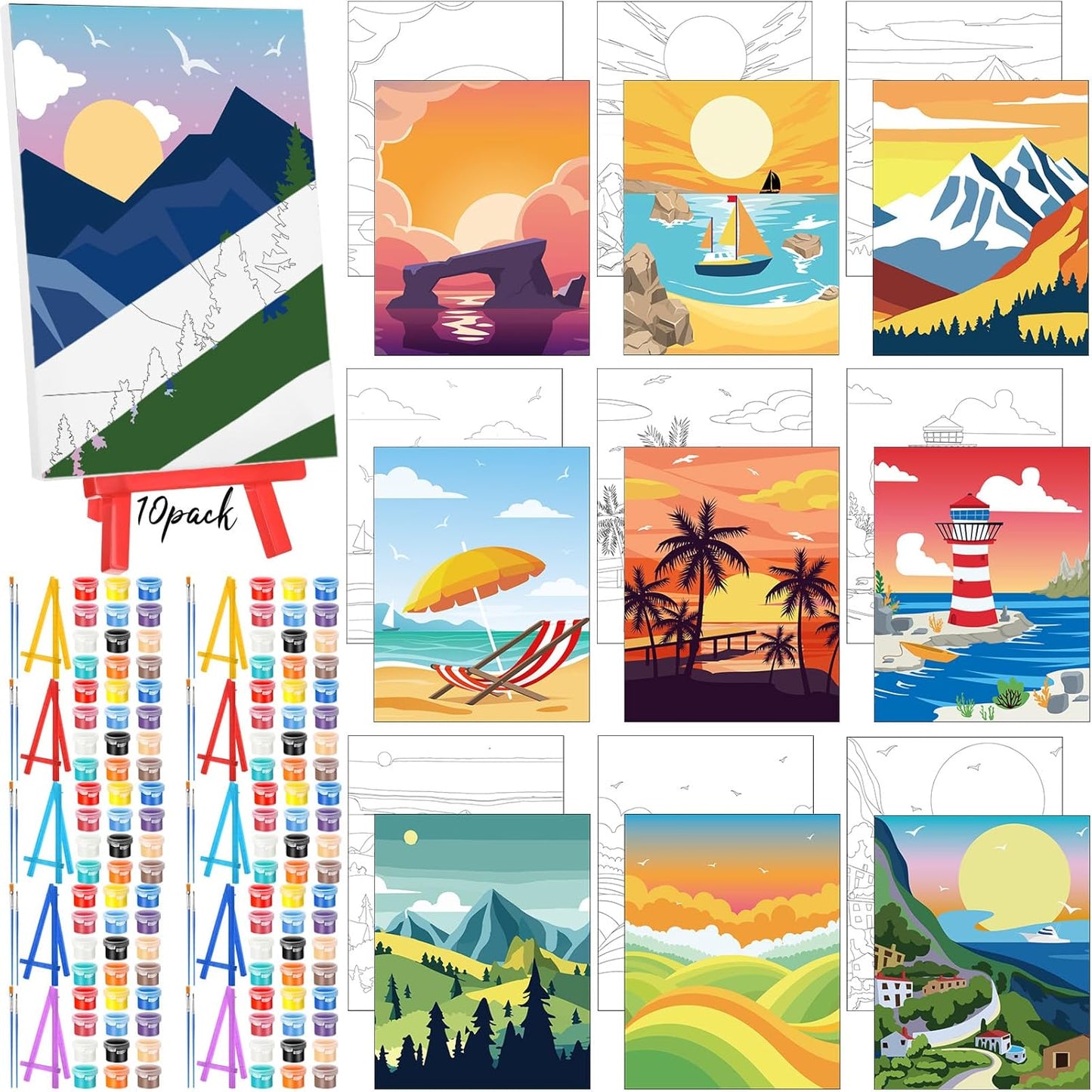 Blosssound 10 Set Pre Printed Canvas Pre Drawn Canvas Painting with Easel Kits 5" x 7" Outline Painting Panels for Beginners, DIY Craft Project, Party Favor, Home Decors(Summer)