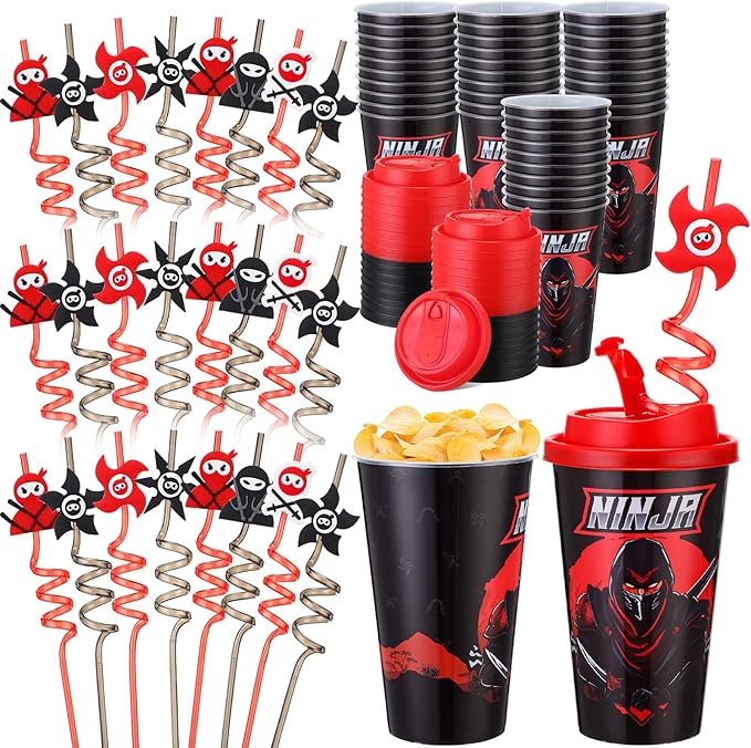 Yungyan 16 Sets Ninja Party Favors Goodie Cups with Lids and Straws for Birthday Decorations Reusable 16oz Plastic Candy Cups Plastic Straws for Birthday Party (Ninja)