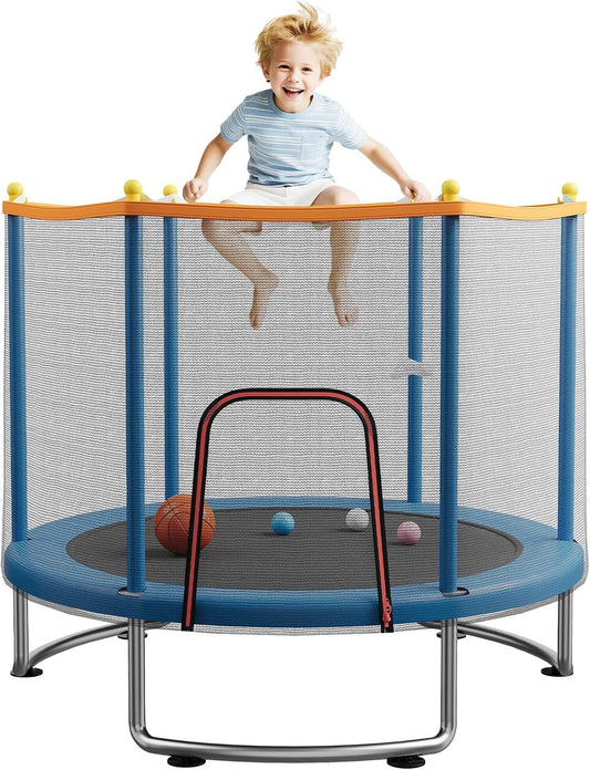 Kids Trampoline with Safety Net – 440lbs Capacity, Upgraded Rust-Proof Ring Legs, Adjustable Gymnastics Bar & Toys – Indoor Outdoor Toddler Trampoline for Boys & Girls Ages 1-8