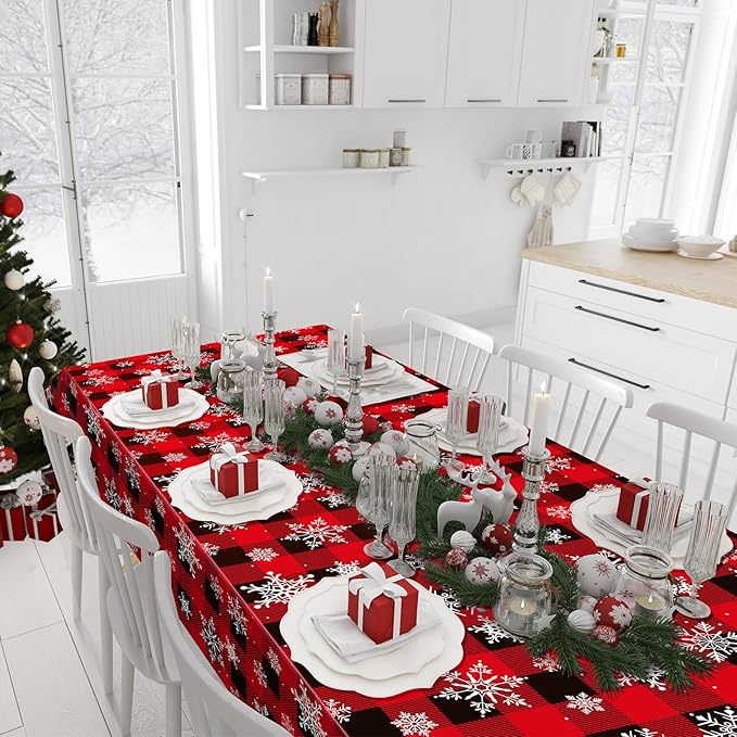 1 Pieces Red and Black Buffalo Plaid Merry Christmas Party Tablecloth Decorations,Plastic White Snowflake Buffalo Plaid Sign Table Cover for Winter Christmas Holiday Party Supplies,54x108 inch