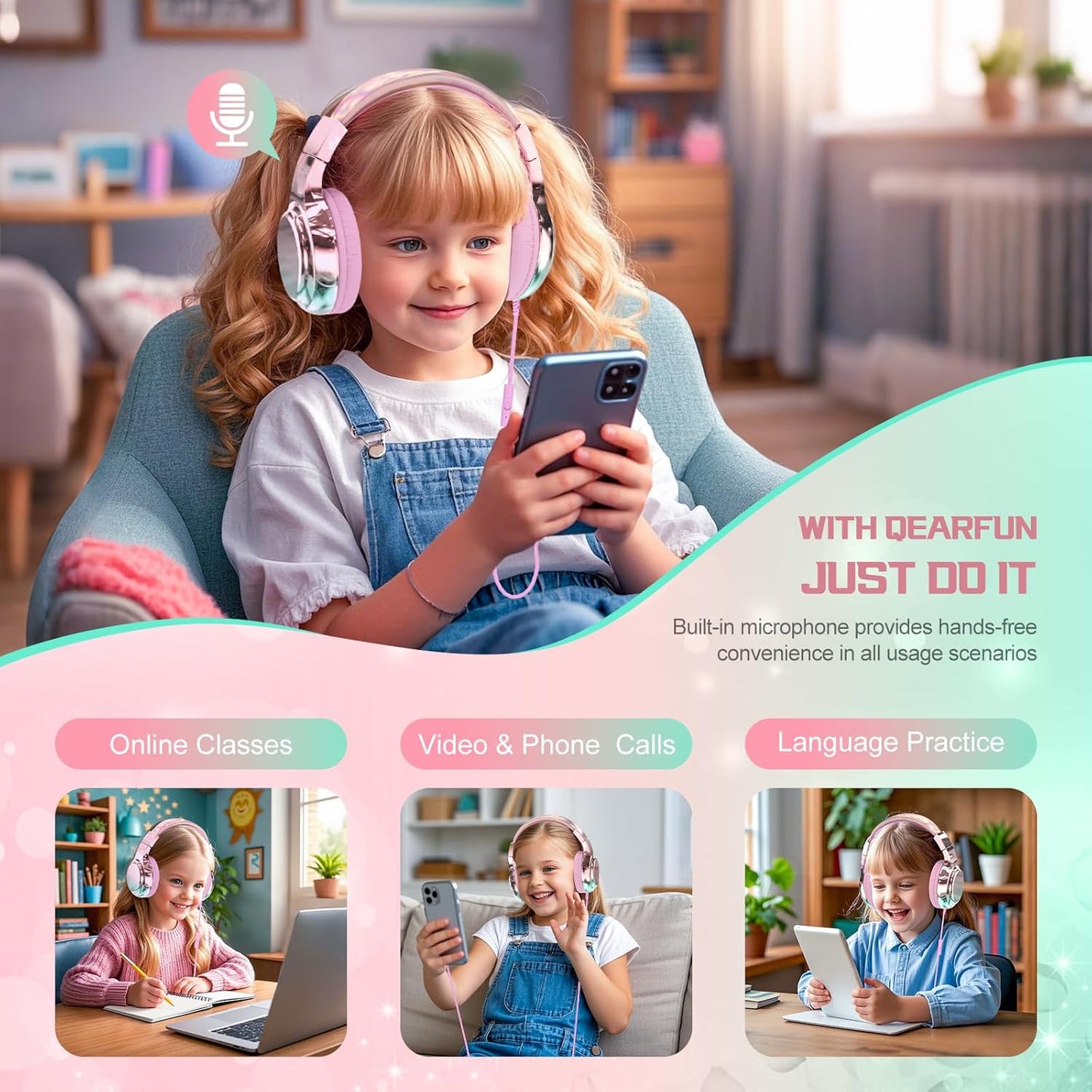 QearFun Kids Headphones Wired with Mic, 85/94dB Safe Volume Limit, Foldable Over Ear, Tangle-Free Cord & Sharing Port, Wired On-Ear Headset for School, Chromebook, Tablet, Travel - Boys & Girls