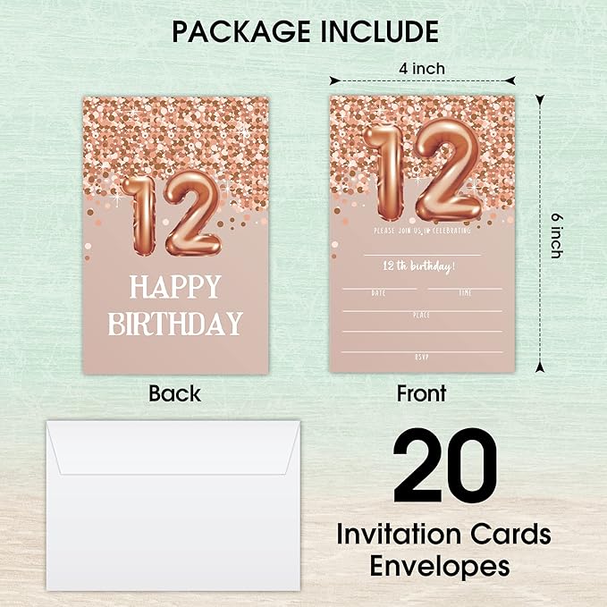 12th Birthday Invitation Cards, Rose Gold Glitter 12th Birthday Party Invites, Kids Happy Birthday Party Decorations Supplies, 20 Fill-in Cards with Envelopes for Boys or Girls Party Celebration - C04