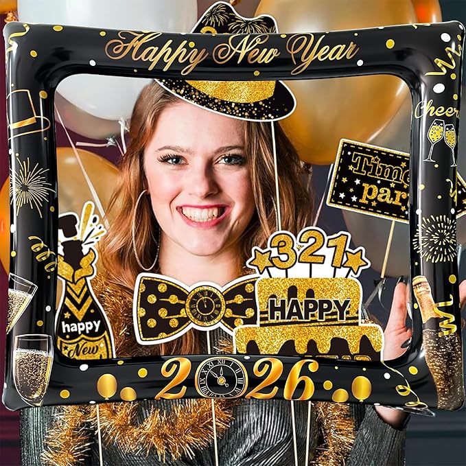 2026 New Year Photo Booth Inflatable Frame Kit, 30Pcs New Years Photo Booth Props with Inflatable Picture Frame Black Gold Decorations for New Year Eve Party Selfie Props Supplies