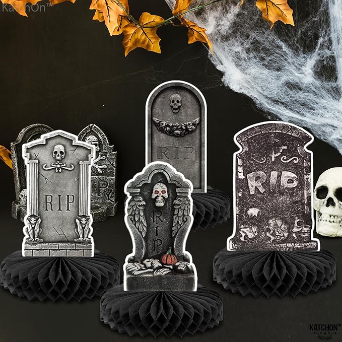 KatchOn, Halloween Tombstone Honeycombs - Pack of 12 | Halloween Table Centerpieces for Tombstone Halloween Decorations | Graveyard Tombstone Paper Honeycombs, Halloween Party Decorations