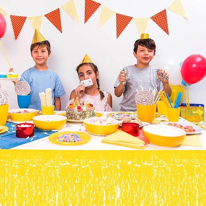 4P Wavy Metallic Tinsel Foil Fringe Table Skirts for Rectangle Tables Backdrop Garland Curtains for Parade Floats Wedding Birthday Parties Decoration Graduation 2025 Christmas (Makaron Yellow)