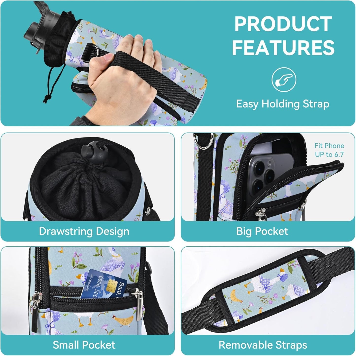 AUPET Water Bottle Sling Bag Sleeve Holder Carrier 25/32/40/64 oz,Insulated Crossbody Water Bottle Case Cover with Strap and Pockets for Men/Women Walking Hiking