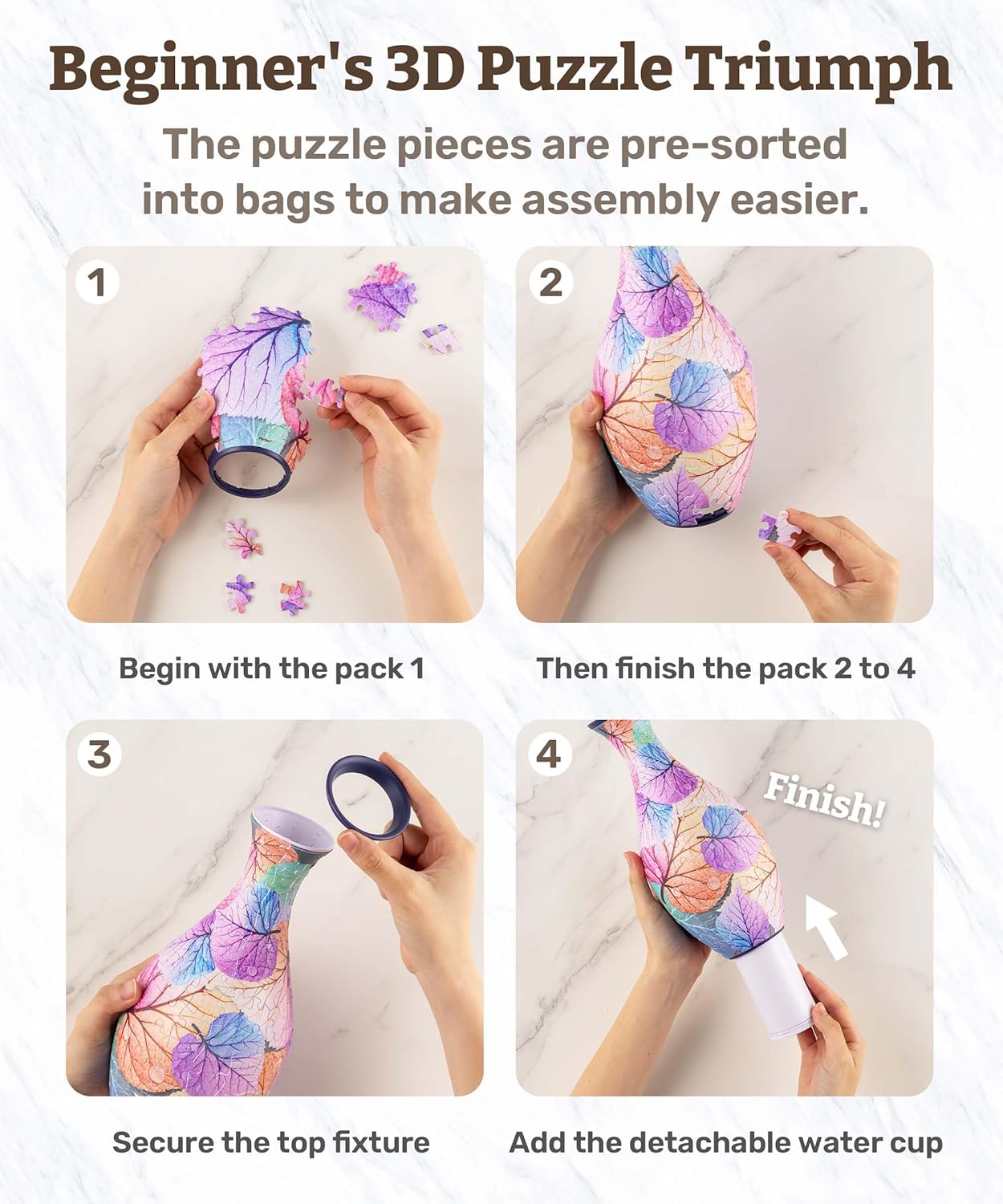 Pintoo 3D Puzzle Vase Unique Flower Vase Made by 160 Curved Plastic Puzzle Pieces House Warming Gift for Flower Arrangements and Home Decoration - [S1033] (Classic, Blooming Season)