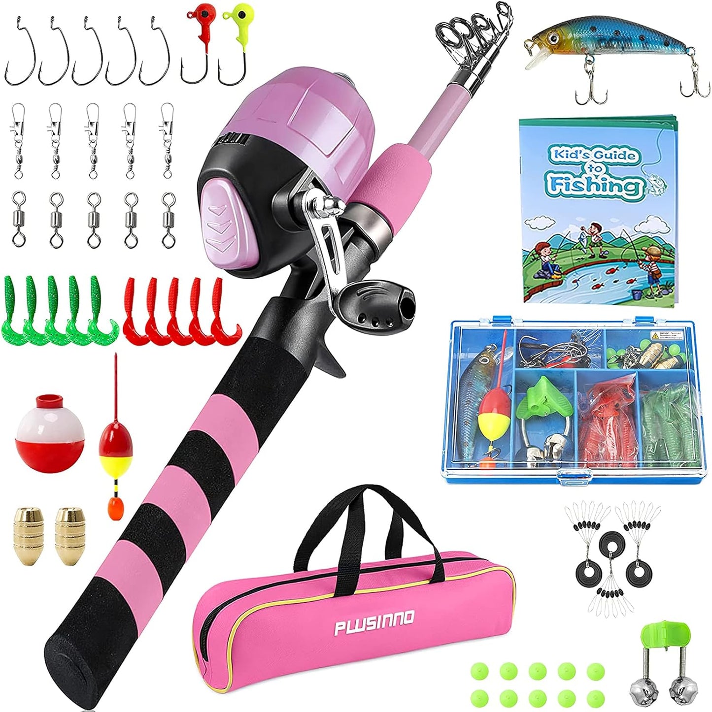 PLUSINNO Kids Fishing Pole, Portable Telescopic Fishing Rod and Reel Combo Kit - with Spincast Fishing Reel Tackle Box for Boys, Girls, Youth