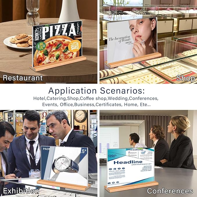 Kersally Acrylic Sign Holder 11 x 8.5'', 3 Pack Double-Sided Clear Table Display Stands with Wood Base,Horizontal Acrylic Frame Menu Flyer Paper Holder for Store, Restaurant, Hotel, Office, Show Fair