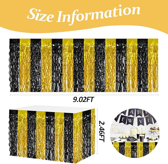 4P Wavy Metallic Tinsel Foil Fringe Table Skirts for Rectangle Tables Backdrop Garland Curtains for Parade Floats Wedding Birthday Parties Decoration Graduation 2025 Christmas (Black Gold)