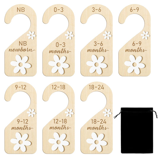 R HORSE Wooden Baby Closet Dividers - 8Pcs Double-Sided 3D Daisy Nursery Closet Organizer Baby Clothes Size Hanger Dividers Newborn Nursery Decor Birthday Gift for Boy Girl (0-24 Months)